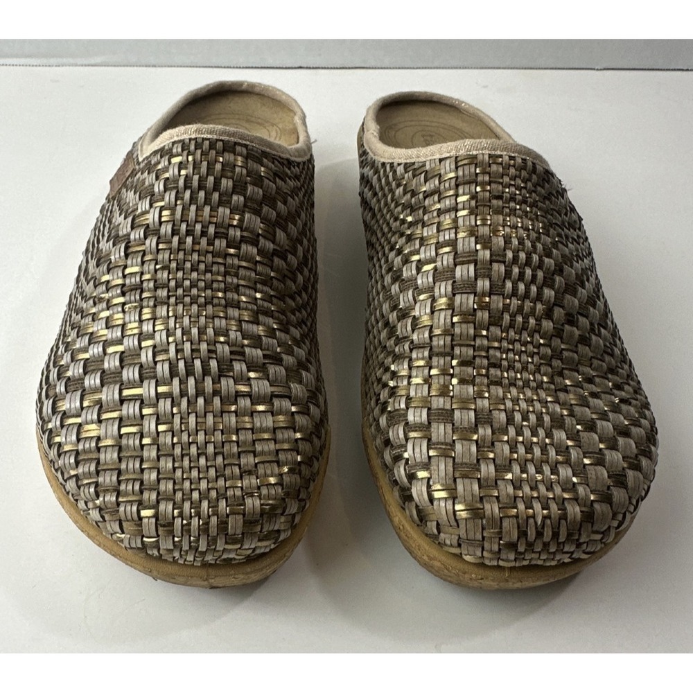 Taos Primavera Woven Leather Tan Bronze Basketweave Clogs Cork Sandals US 8 8.5 - Picture 2 of 13